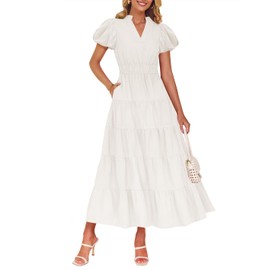 ZESICA Women's Summer Casual Maxi Dress 2025 Puff Short Sleeve V Neck Ruffle Tiered Flowy Boho Beach Dresses,White,Medium