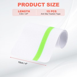 MECCANIXITY Anti Slip Traction Tape with Luminous Strip 10cm x 60cm Pre-Cut Non Skid Stair Treads Grip Tape for Indoor Stairs Step Outdoor Skateboard, White with Green, Pack of 15