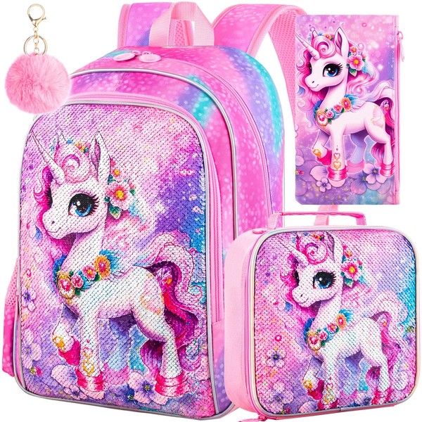 KLFVB 3PCS Unicorn Backpack, 16" Sequin Kids Bookbag for Girls