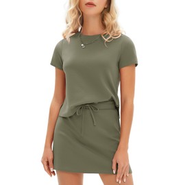 EXLURA Womens Casual Summer 2 Piece Short Skirt Sets Short Sleeve Tshirt And Tennis Skort Dressy Cotton Matching Sweatsuits, Army Green, Large