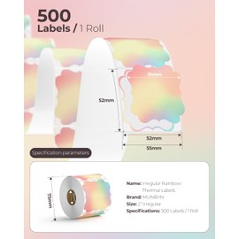 MUNBYN Rainbow Thermal Label Stickers, 52mm x 52mm Multi-Purpose Color Thermal Labels for Business, Logo Design, Baking, 500 Sheets/1 Roll