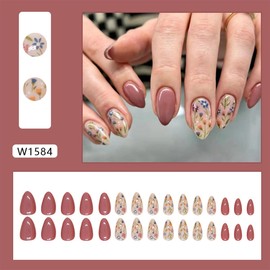 30Pcs Flower Press on Nails Short Almond Fake Nails Reusable Spring Glue on Nails Full Cover Cute Floral False Nails Summer Brown Stick on Nails Artificial Acrylic Nails for Women DIY Manicure Salon
