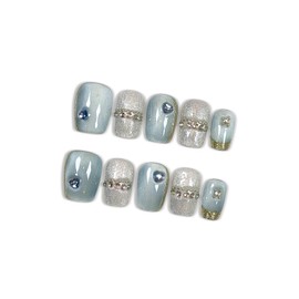 Hantyer Squoval Press On Nails, Handmade Soft Gel Blue And Silver Fake Nails with Silver Bead Accents, Shimmering Glitter Design Full Cover Reusable False Nails 10PCS Kit (Size S)
