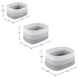 Home-Complete 3-Piece Set Small, Medium, and Large Rope Baskets for Makeup, Towel, Nursery, Office, and Classroom Storage, White and Gray
