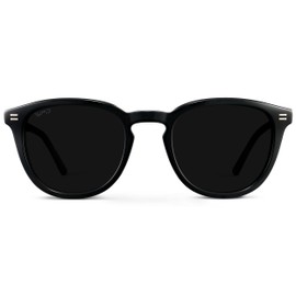 WMP Eyewear - Men's Classic Round Polarized Sunglasses, Premium Slim Acetate Frame with Dashed Rivet Details (Black/Triple Black Lens)