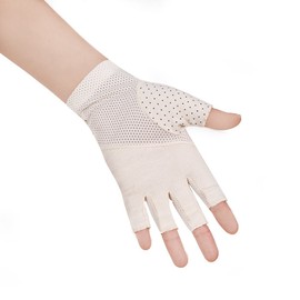 JISEN Women Sunscreen Fingerless Gloves UV Protection Driving Fishing Cotton Mittens Dots Beige