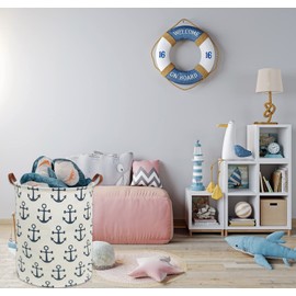 HIYAGON Canvas Storage Basket,Large Laundry Hamper with Handles-Collapsible Storage Bin for Kids Room,Nersury Hamper,Toy Storage 19.7×15.7 (Blue Anchor)