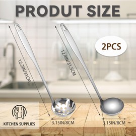 Diakey 2 Pack Soup Ladle and Slotted Spoon Set, Heavy Duty 18/8 Stainless Steel Metal Ladle Spoon Skimmer Strainer Spoon Colander Scoop for Serving Cooking Hotpot Gravy, 12in