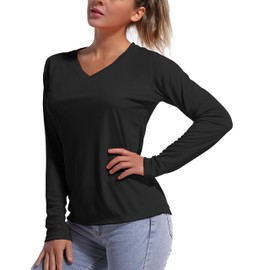 BUBBLELIME Women's UPF 50+ Sun Protection Athletic T-Shirt Workout Tops - V Neck Long Sleeve_Black XX-Large