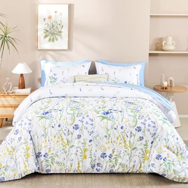 Yiran Blue Floral Comforter Set King Size, 7 Piece Watercolour Botanical Comforter Bedding Set, Bed in a Bag King, Soft Microfiber Complete Bedding Set with Sheets for All Season