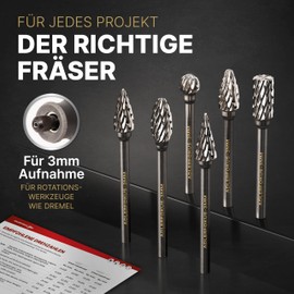Adlerfokus Carbide Burrs [Universal] 6 Pieces Metal Milling Cutter with 3 mm Shank - Carbide Cutter - Metal Cutter - Burr for Metal - Metal Milling Cutter - Dremel Milling Cutter - Metal Milling Drill