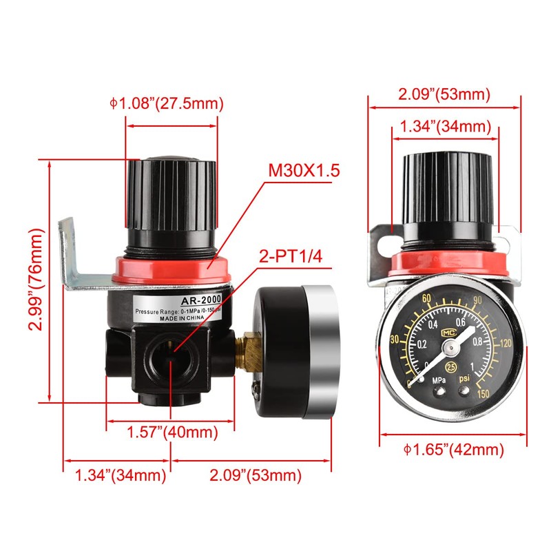 Heschen Gas Air Source Regulator AR2000 0-1MPa Measuring Range Filter