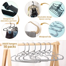 50 Plastic Hangers with Clips Stackable Hangers Nonslip Clothes Hangers Pants Hangers Space Saving Adults Suit Hangers with Clips Short Hanger Grey Black Hangers with 20 Additional Hanger Clips