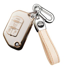 SANRILY 4 Button Key Fob Case for Jeep Wrangler JL 2021 2020 Gladiator JT Keyless Keychain Holder Soft TPU Golden Edge Flip Key Protector Cover Shell Off-white