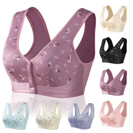 Front Button Bra Front Closure Everyday Sports Bras Comfortable Convenient Cotton Bras for Older Women No Wire (Dark Purple, S)