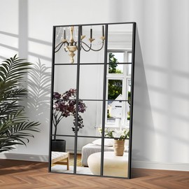 YIROMAN Window Pane Mirror, 30x55 Inch Black Rectangular Decorative Wall Mirror, Large Window Metal Framed Mirror for Bedroom Living Room Fireplace Entryway, Hanging or Leaning Against Wall