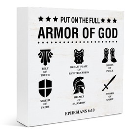 Pigort Christian Home Decor Put on the Full Armor of God Bible Verses Wooden Plaque Sign Desk Decor Rustic Motivational Christian Desk Sign Decor for Home Office 6 x 6 Inches