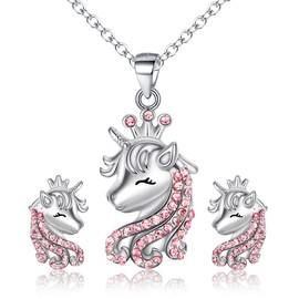 EVER FAITH Unicorn Jewellery Set for Girls 925 Sterling Silver Multicoloured Cubic Zirconia Necklace and Earrings Set Gift for Daughter Granddaughter, Sterling Silver, Cubic Zirconia