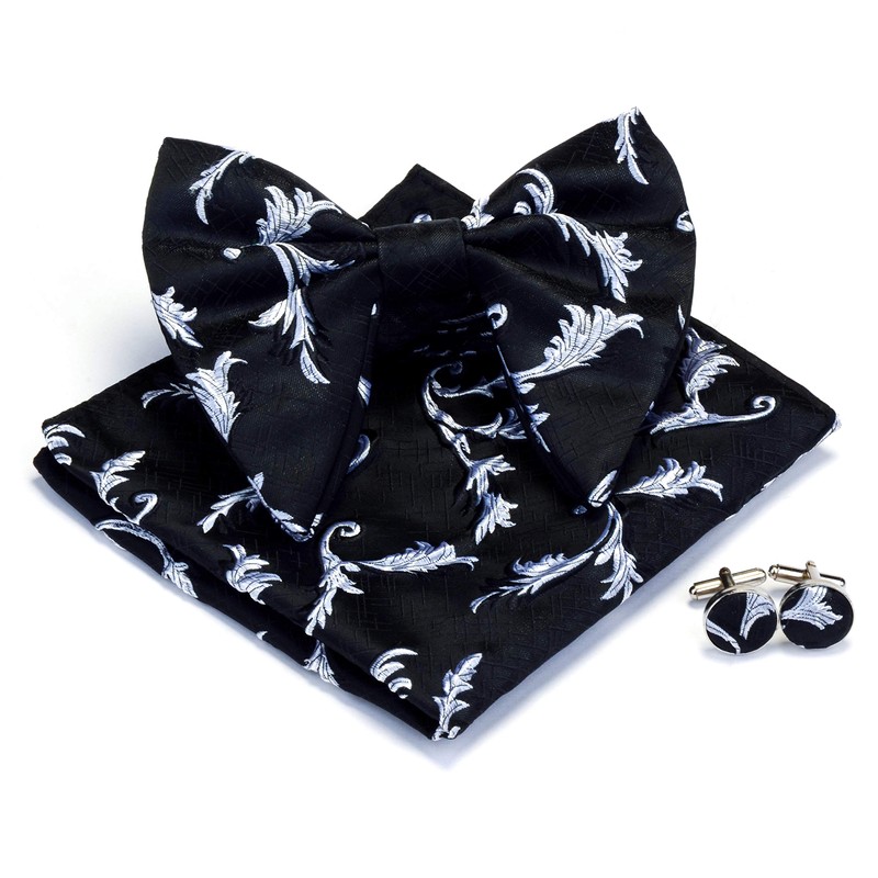 Gusleson Big Silk White Bowtie and Pocket Square Cufflink Flora