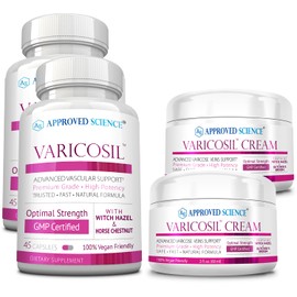 Approved Science Varicosil Capsules and Cream - 90 Capsules - 4 fl oz - Soothe Varicose Veins, Improve Circulation and Blood Flow, Tighten Stretched Veins, Lighten Appearance - All Natural, Vegan