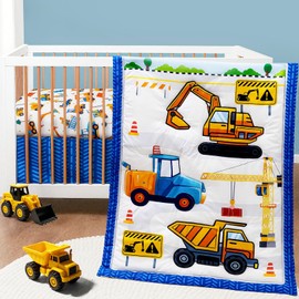 3 Piece Baby Boy Crib Bedding Set Construction Theme Baby Comforter Set for Crib Nursery Bed Set Decor with Fitted Crib Sheet, Comforter and Skirt for Boys Girls (Construction)