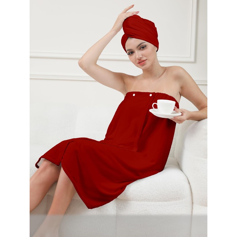 Women's Bath Towel Wrap Set with Hair Turban, Red, Microfiber,