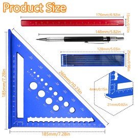 pangdapengpeng 180 mm Multifunctional Carpenter's Square, Protractor with Carpenter's Pencils Set, Angle Metal 45 90 Degrees, for Woodworking Measurements (Blue + Carpenter's Pencil Set)