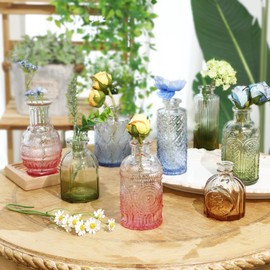 CUCUMI 12 Pack Colorful Glass Bud Vases, Small Colored Vintage Vases for Centerpieces, Decorative Flower Vases for Wedding Home Table Decor(Amber, Blue, Green, Pink)