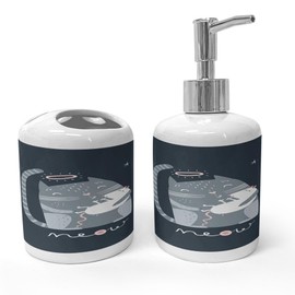 Ambesonne Kissing Soap Dispenser & Toothbrush Holder Set, Nocturnal Themed Cartoon Demonstrated Cat Motif Caring Mouse Meow, Ceramic Bathroom Toiletry Accessories, 2 Pcs, Dark Slate Blue Blue Grey