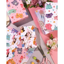 Pineraap 12 Sheets Sweet Dreams Wrapping Paper, Pajama Party Gift Wrap Paper with Eye Masks, Bears, Sleepwear & Girl Designs, Folded Flat Art Paper for Birthday DIY Crafts, 19.7 x 27.6 Inch