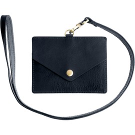 RafiCaro Pass Case, ID Card Holder, W Pocket, Commuter Passage, Genuine Italian Leather, Neck Strap, ID Case, Employee ID Card, Card Case, Men's, Women's, Navy