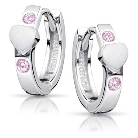 Materia Children's Earrings 925 Sterling Silver Girls – Children's Hoop Earrings Heart in 5 Zirconia Stone Colours in Gift Box, Silver, Pink/Silver