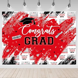 Mocsicka Graduation Backdrop Congrats Grad Red and Sliver Graduate Party Decorations Background Class of 2023 Photography Backdrops (Red, 7x5ft)