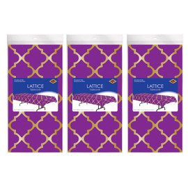 Beistle Lattice Tablecovers, 54” x 108”– Plastic Table Cloth, Moroccan Decorations for Party, Moroccan Tablecloth, Arabian Nights Theme Party, Rectangular Table Cloth Purple/Gold, 3 Pieces