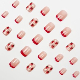 Red French Tip Press on Nails Short Square Strawberry Fake Nails with Glue White Flower Acrylic Nails Full Cover Nude Glossy False Nails for Women DIY Manicure Decoration 24PCS