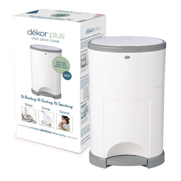 Dekor Plus Hands-Free Diaper Pail | White | Easiest to Use | Just Step – Drop – Done | Doesn’t Absorb Odors | 20 Second Bag Change | Most Economical Refill System |Great for Cloth Diapers