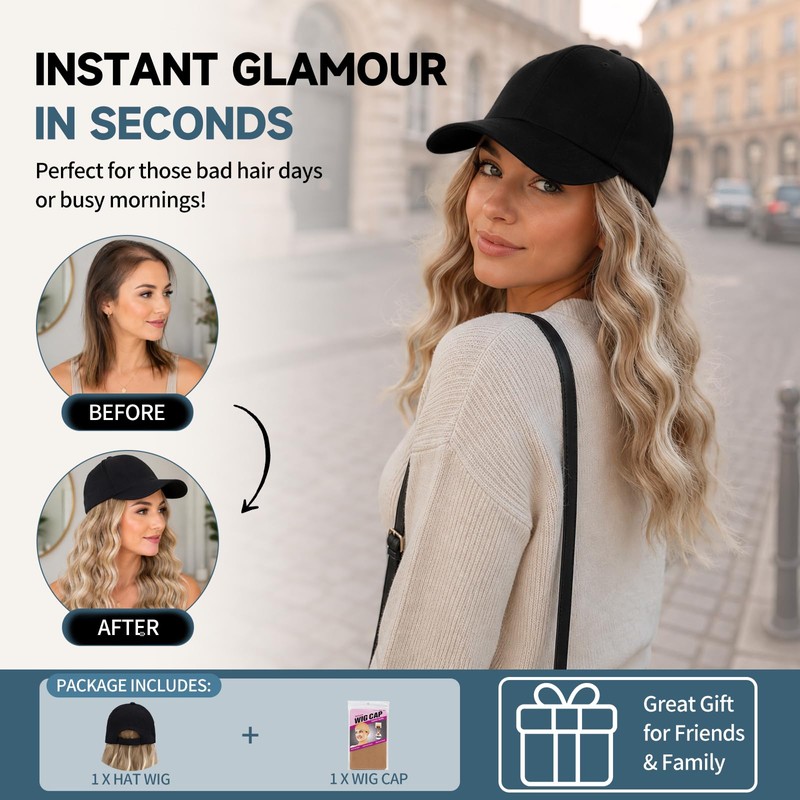 MORICA Hat Wig 20 Inch Water Wave Baseball Cap Wig