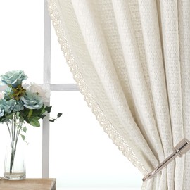 H.VERSAILTEX Boho Curtains Living Room Linen Jacquard Curtains Linen Curtains 84 inches Long 2 Panels Back Tab Loop Rod Pocket Light Filtering Curtains Set, Cream (Border with Trimmings)