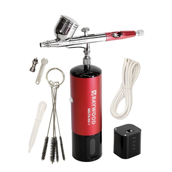 RAYWOOD Airbrush Delta Rechargeable Compressor Set, USB Type-C, Double Action Cleaner, 5 Pieces, Diameter 0.01 inch (0.3 mm), Small, Plamo, Model, Painting, Arts and Crafts (RS-1, Red)