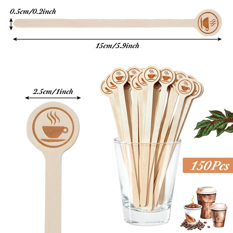 150Pcs Coffee Stirrers Stir Sticks Wooden Beverage Mixer with Round