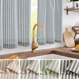 Vangao Linen Net Curtain, Black Striped Bistro Curtain, Stripes, Semi-Transparent Panel Curtains, Kitchen Curtain, 65 x 60 cm (W x H), Short Window Scarf for Living Room, Small Window, Country House,