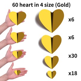 60 Pcs Gold Heart Stickers Wall Decals, 3D Heart Wall Stickers, Waterproof Wall Decals, for Wedding Birthday Party Bedroom Home Office School Decor, 4 Different Sizes (Gold)
