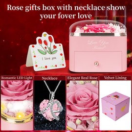 Lebana Preserved Pink Real Rose with Heart Necklace -Eternal Flowers Rose Birthday Gifts for Women Wife Mom Girlfriend Grandma Gifts Idea on Christmas Valentines Mothers Day for Her-Pink