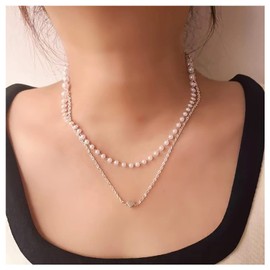 Pearl Heart Pendant Necklace Boho Layered Initial Heart Necklace Chain Jewelry for Women Girls Teens (Silver)