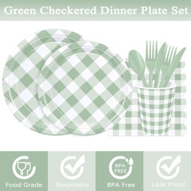 175 Pcs Sage Gingham Party Supplies for 25 Guests, Sage and White Checkered Paper Plates, Cups and Napkins Sets for Baby & Bridal Shower, Wedding, Birthday Party, Outdoor Picnic