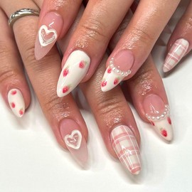 Cute Press on Nails Almond Medium Length Glue on Nails Press ons Heart Fake Nails Pink White Full Cover False Nails Acrylic Pearls Glossy Stick on Nails for Women Girls French Nails 24 Pcs