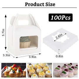 LDXDRU 100Pcs Individual Cupcake Boxes Single Cupcake Boxes Cupcake Containers with Window Insert and Handle Individual Cupcake Containers for Bakery Wrapping Wedding Birthday Parties White