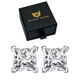 Dunnett Taylor White Gold Plated Sterling Silver 1.0ct CZ Cubic Zirconia Stud Earrings Square Princess Cut 2.0CTTW per pair