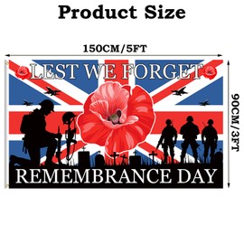 Lest We Forget Flag 5ft x 3ft, Poppy Flags with Eyelets, Remembrance Day Poppy Flag, D-Day Memorial Flags, Outdoor Indoor Armistice Day Falg, Lest We Forget Banner Party Decorations