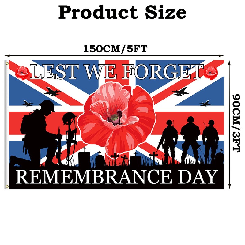 Lest We Forget Flag 5ft x 3ft, Poppy Flags with